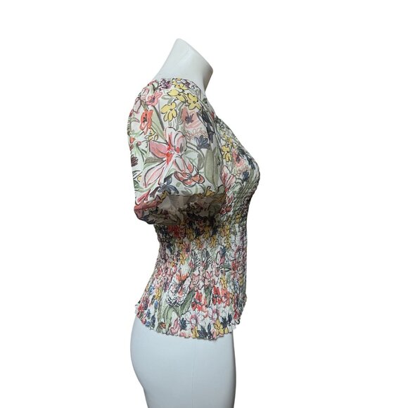 By Anthropologie Aurelia Floral Smocked Mesh Net Top Small Puff Sleeve - Picture 7 of 12